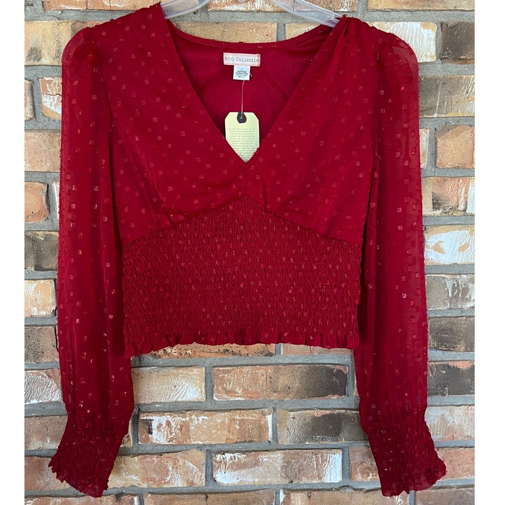 B.O.G Collective Red Sheer Shimmer Crop Top Smocked Bubble Sleeve NWT Large